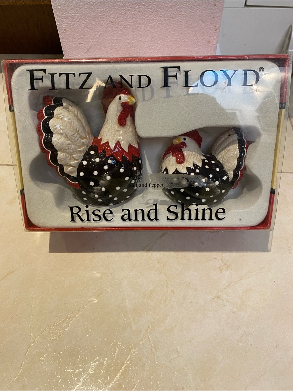 Vintage NEW! 2006 Fitz and Floyd Rise and Shine Salt and Pepper Rooster Hen Set